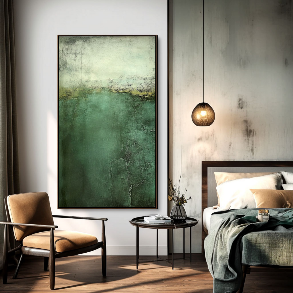 Emerald Green Abstract Wall Art, Vertical Textured Canvas for Living Room Decor