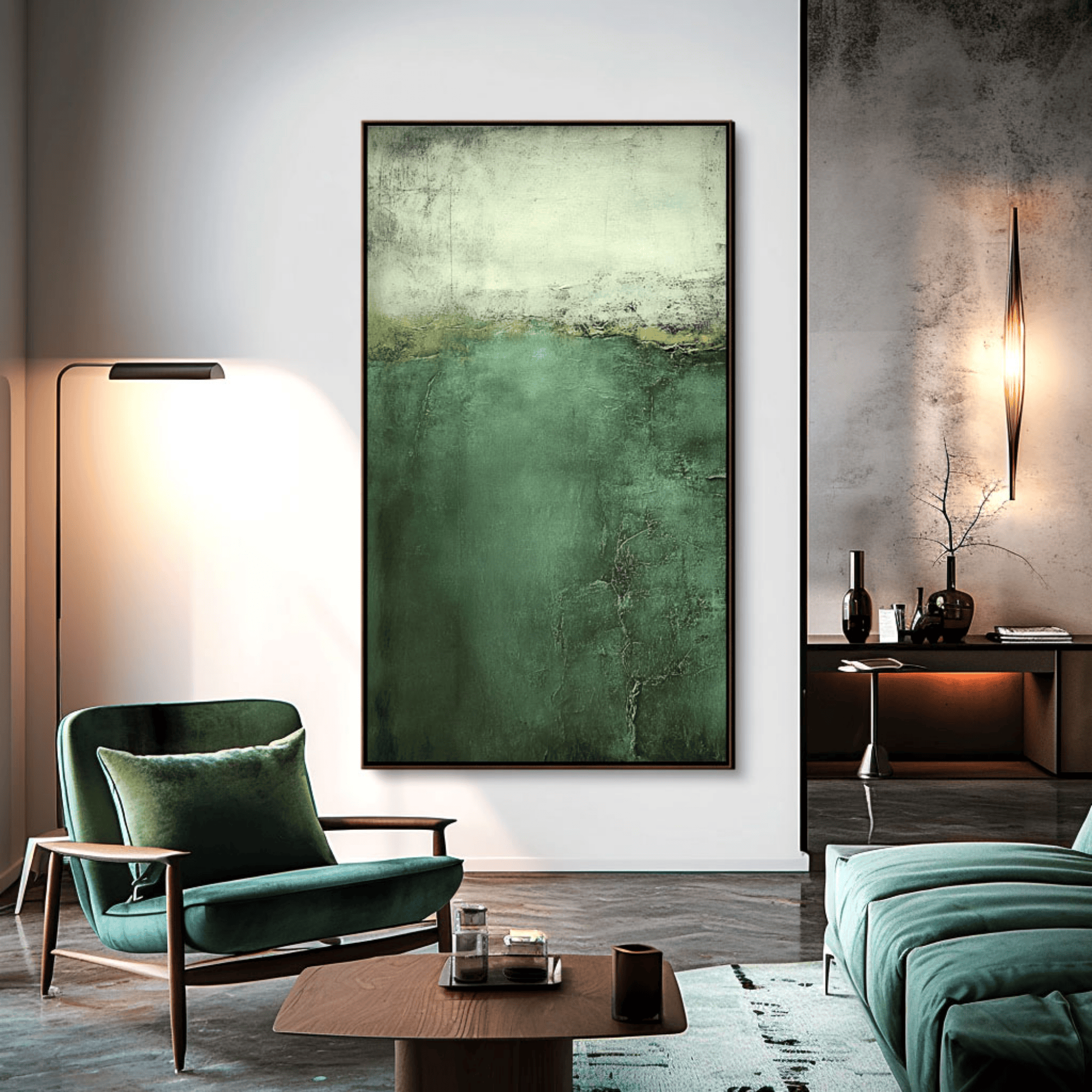 Emerald Green Abstract Wall Art, Vertical Textured Canvas for Living Room Decor