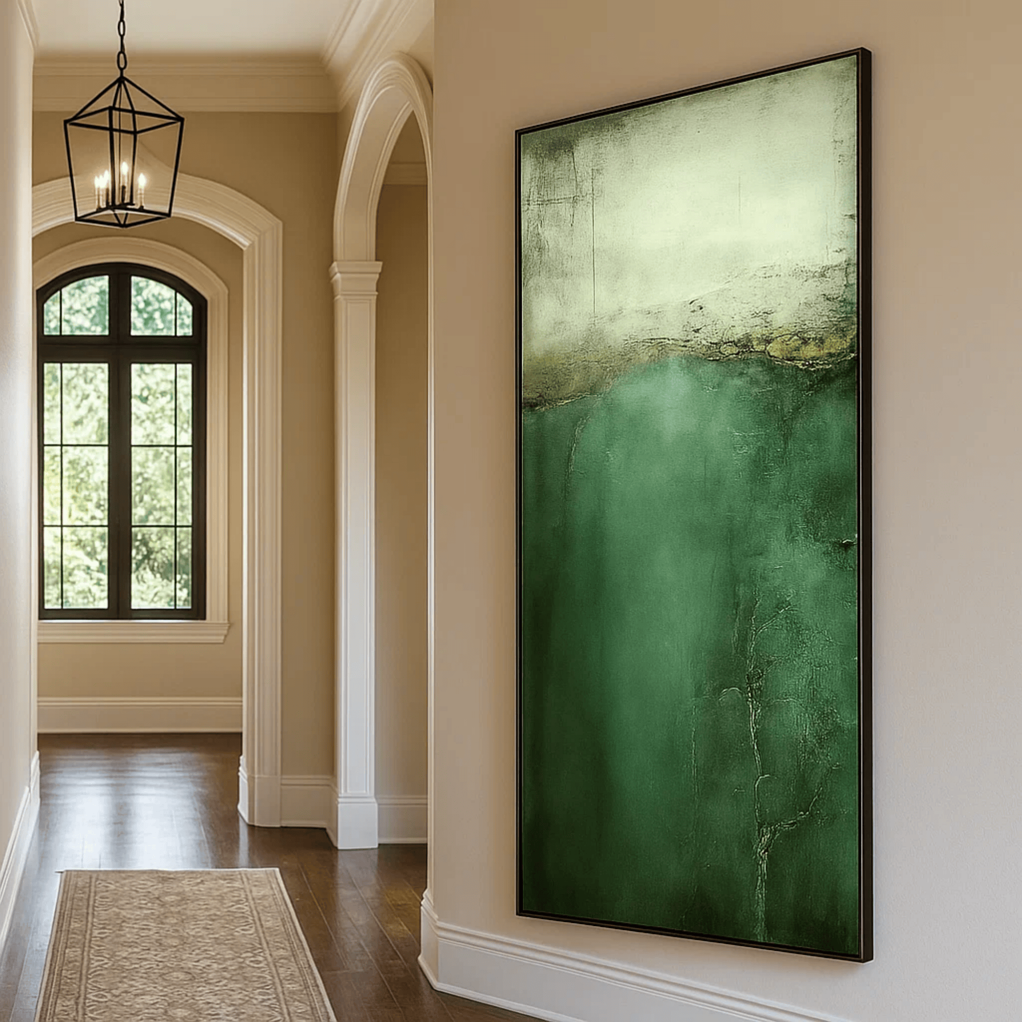 Emerald Green Abstract Wall Art, Vertical Textured Canvas for Living Room Decor