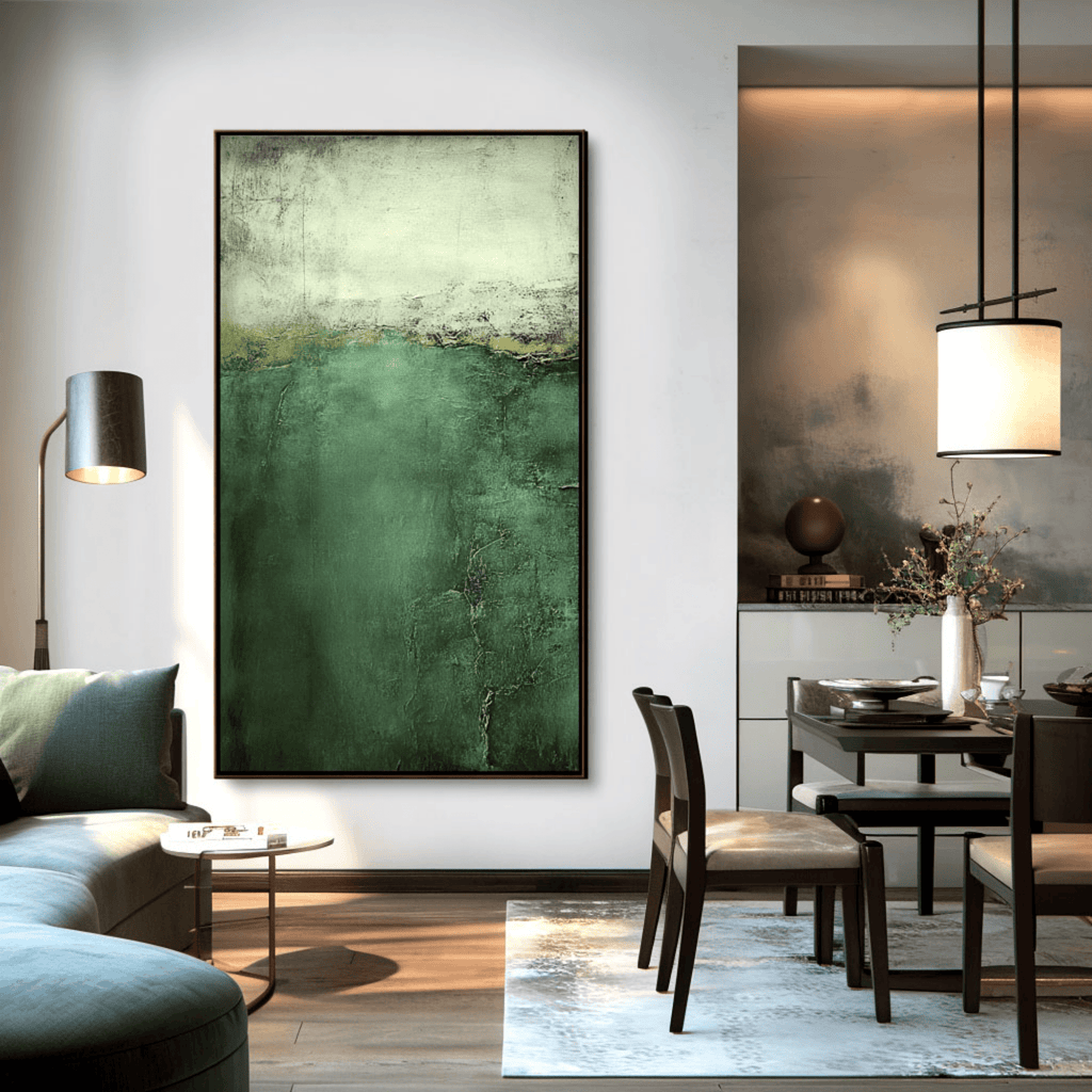 Emerald Green Abstract Wall Art, Vertical Textured Canvas for Living Room Decor