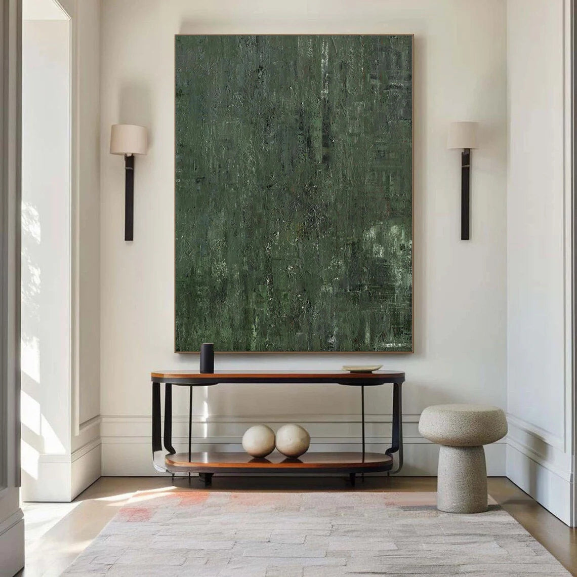 Verdant Depths: A Large Green Abstract Painting for Living Room Decor