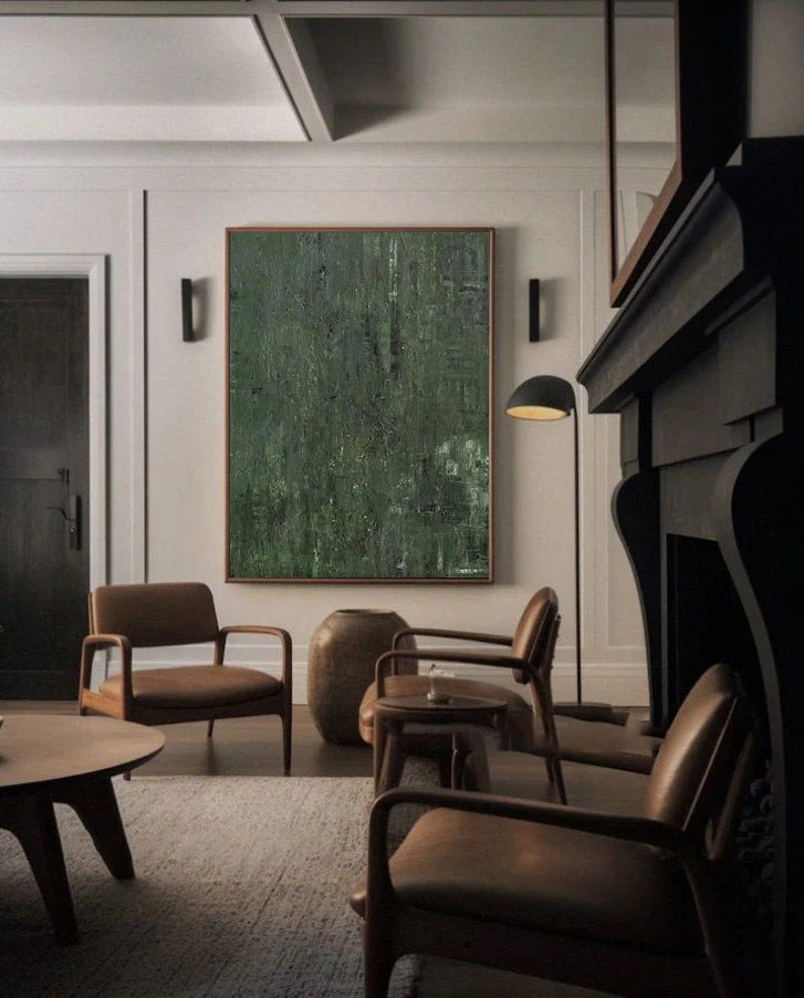 Verdant Depths: A Large Green Abstract Painting for Living Room Decor