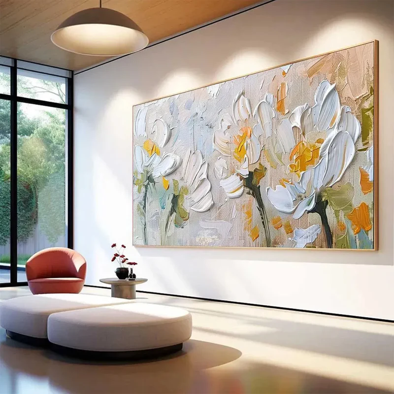 White Floral Textured Painting