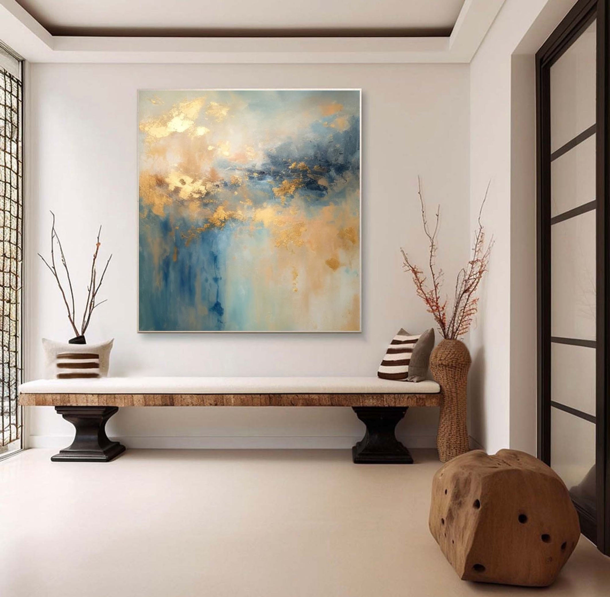 Golden Mist Blue Abstract Painting