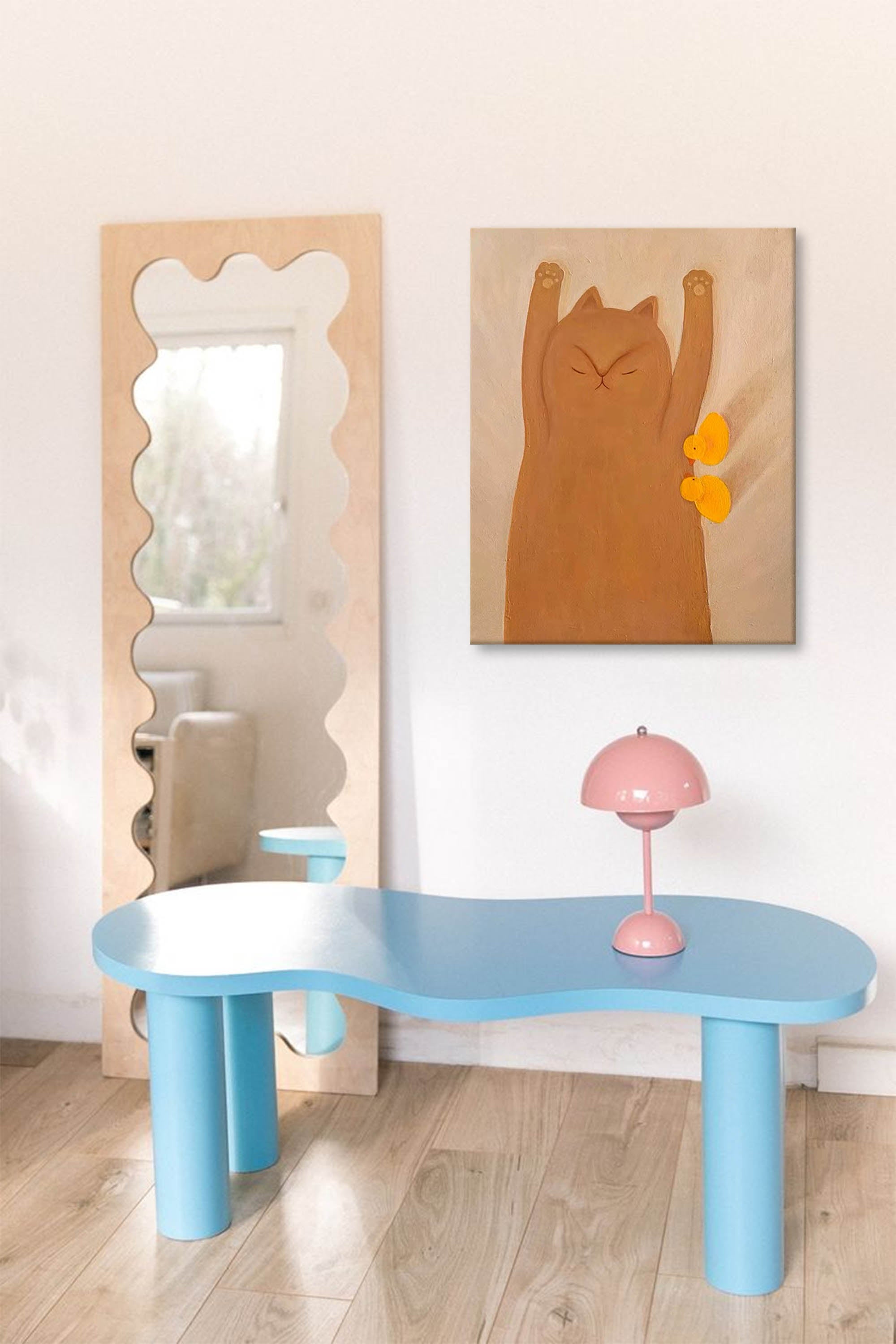 Morning Stretch: Whimsical Cat & Chicks Nursery Wall Art for Kids Room