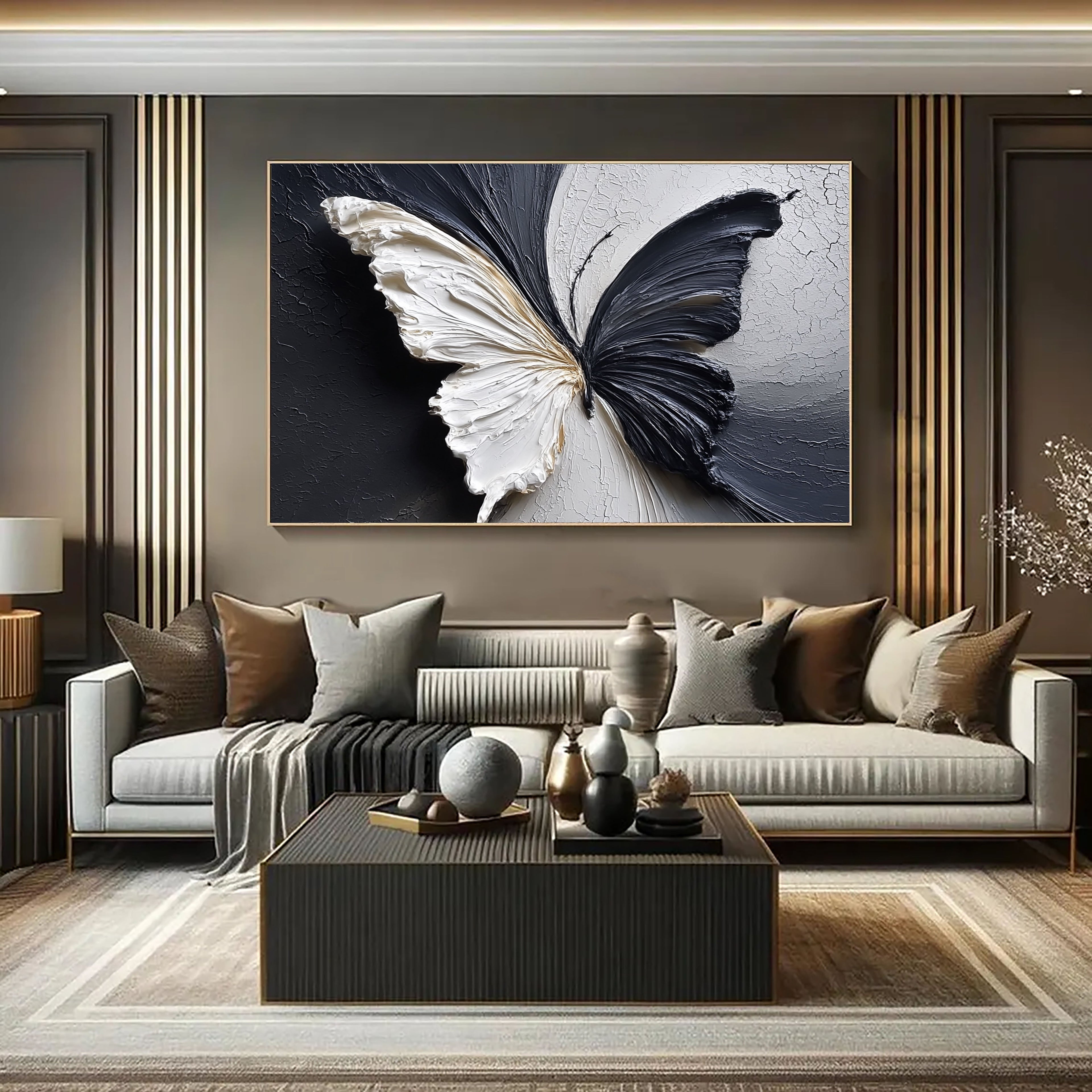 Dual Aura Butterfly – Black & White Textured Painting