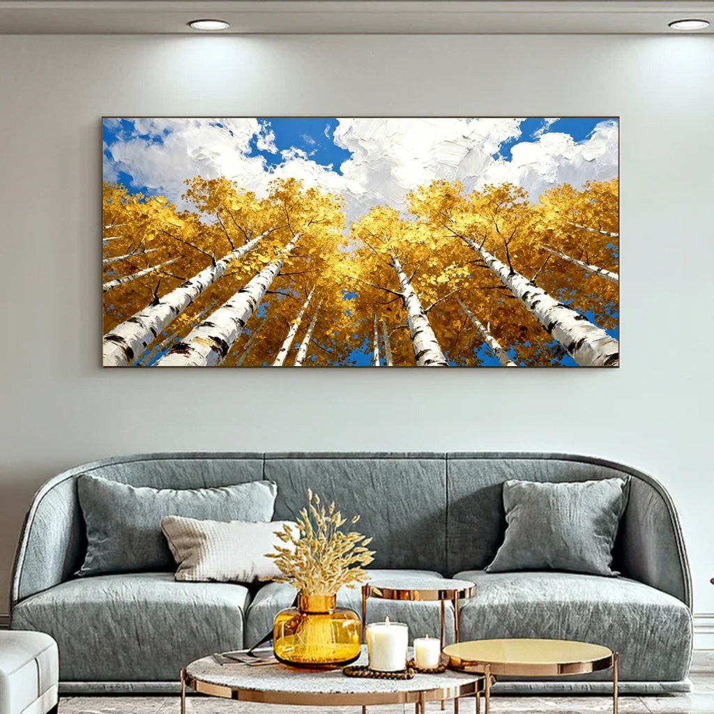 Golden Canopy Skyward Forest Painting