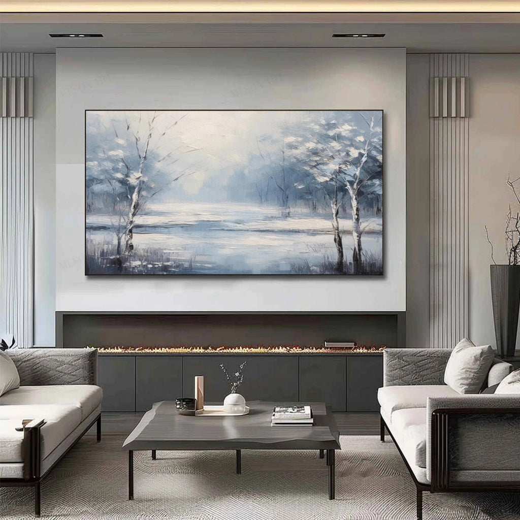 Mist Blue Lake Winter Forest Abstract Painting