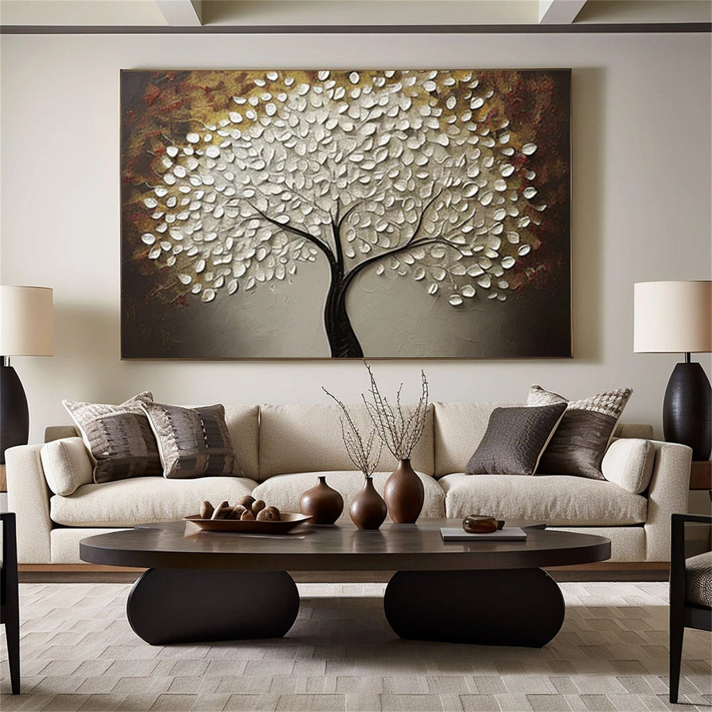 Silver Leaf Tree Textured Abstract Painting