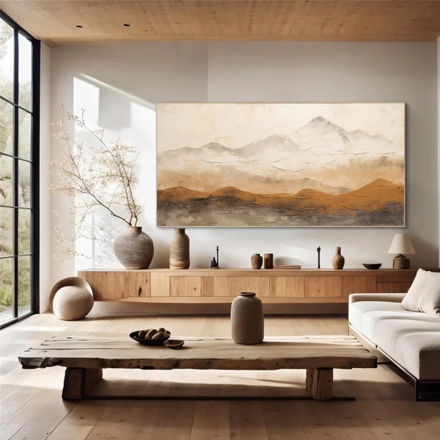 Golden Mist Mountain Textured Painting