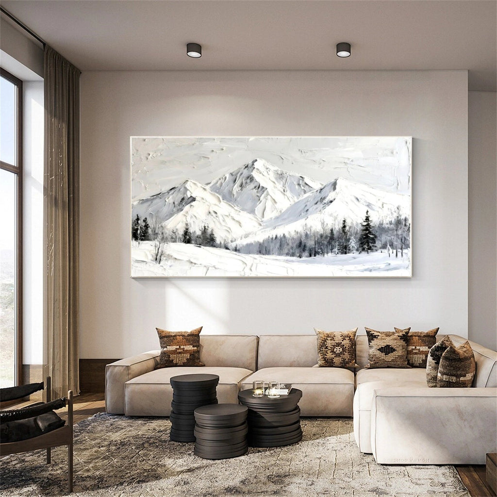 Silent Peaks – White Textured Snow Mountain Painting
