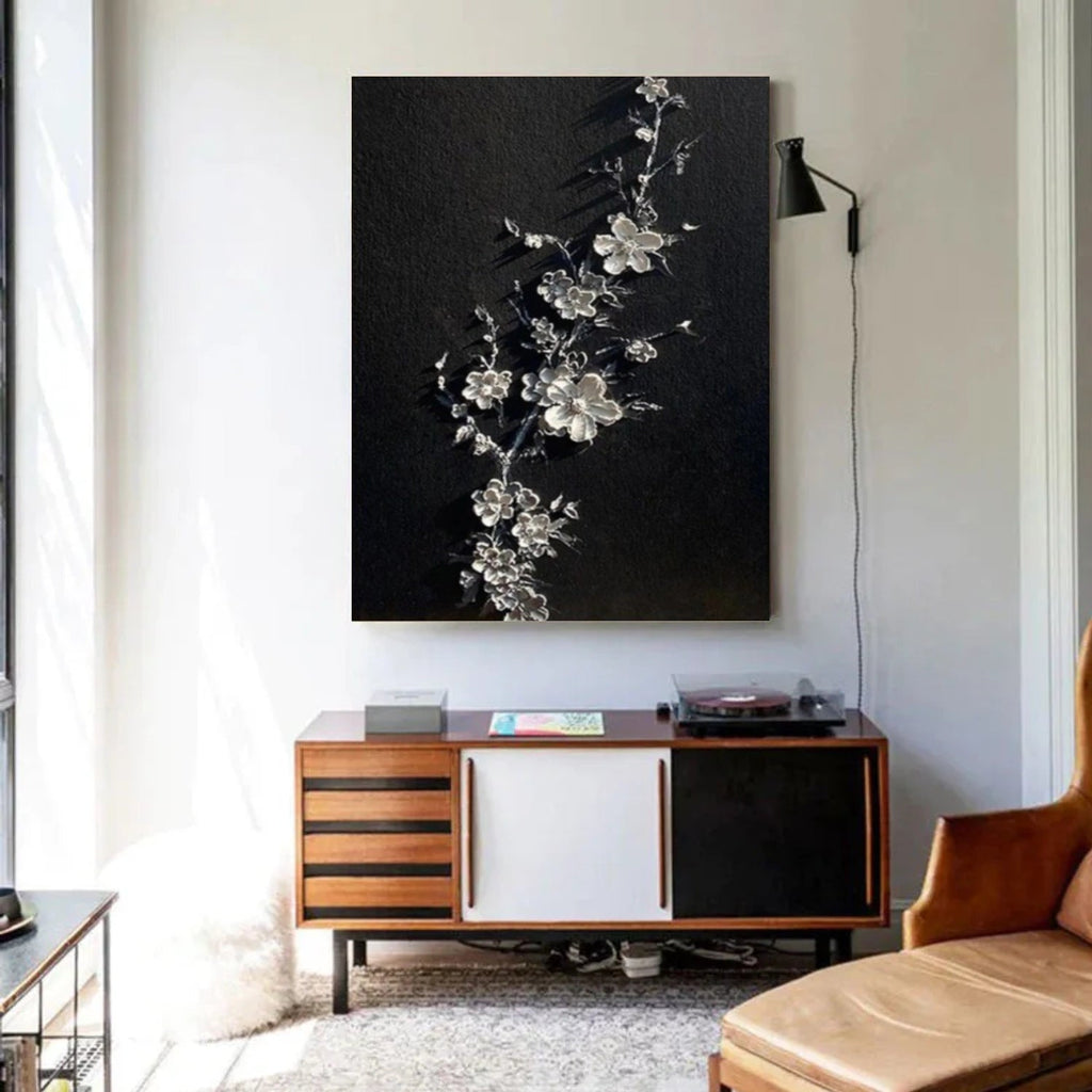 Midnight Silver Blossom Abstract Painting