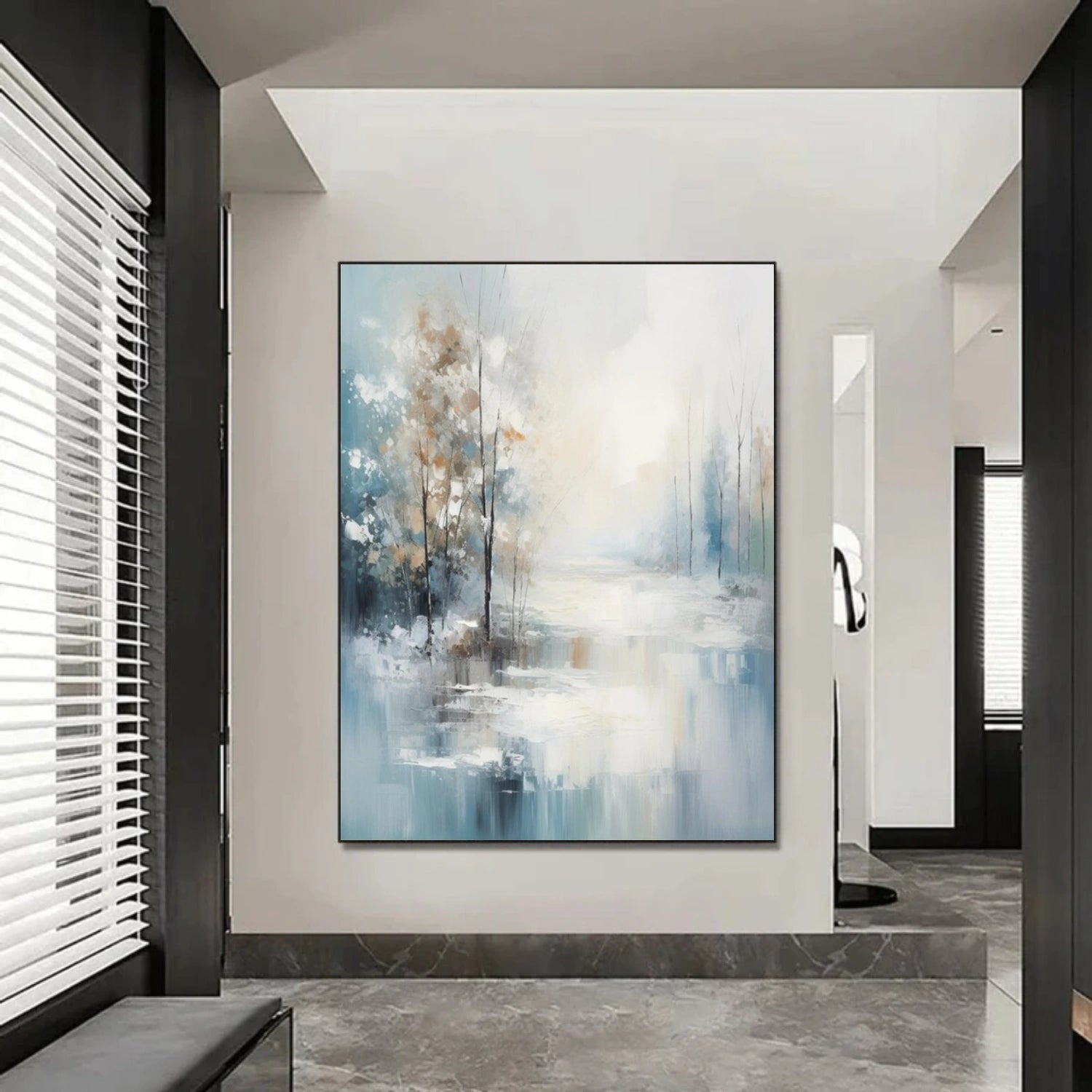 Morning Mist Lakeside Blue Gray Abstract Painting