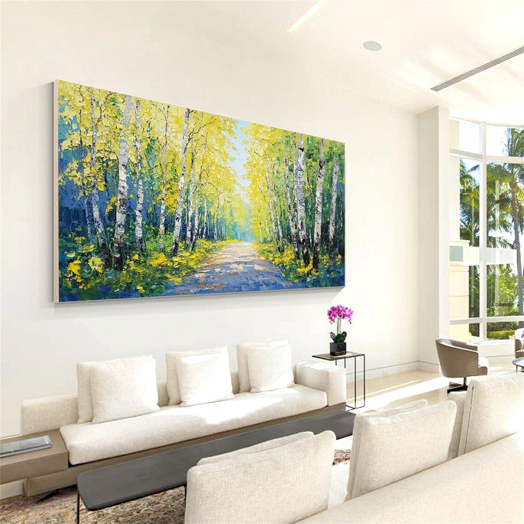 Golden Birch Path Landscape Painting