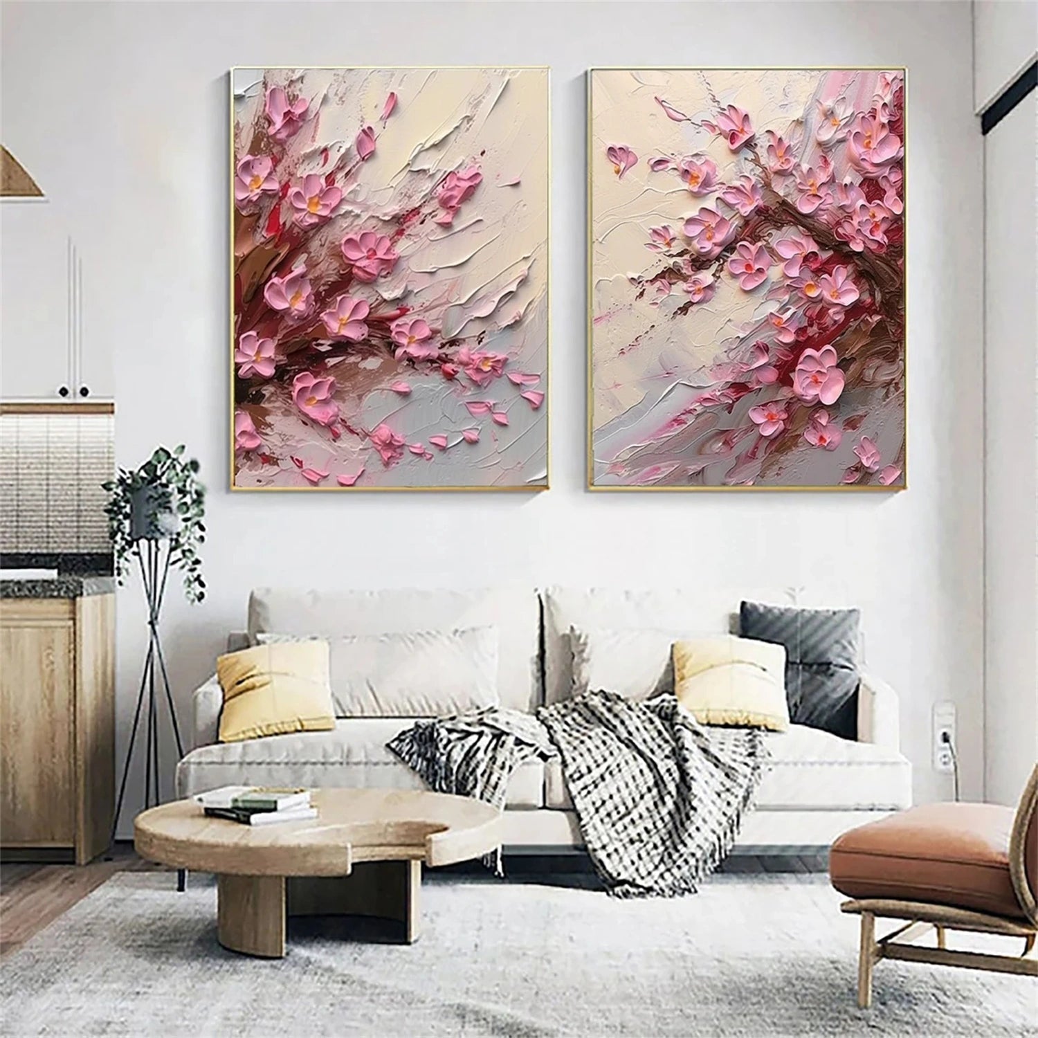 Set of 2 Soft Blush Petal Motion Floral Diptych Painting