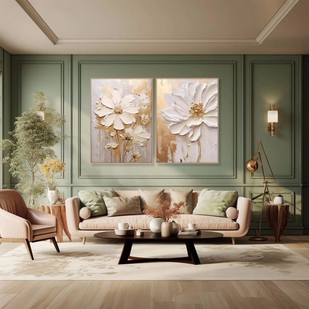 Set of 2 Soft Cream Gold Blossom Diptych Painting