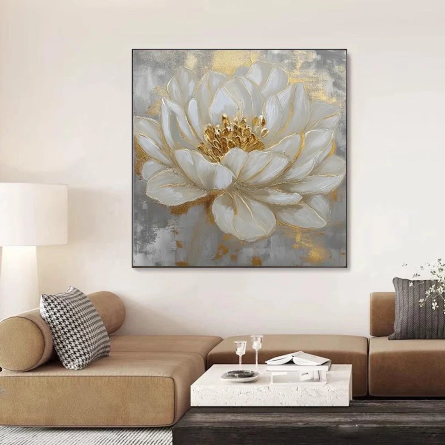 Golden Aura White Bloom Abstract Painting