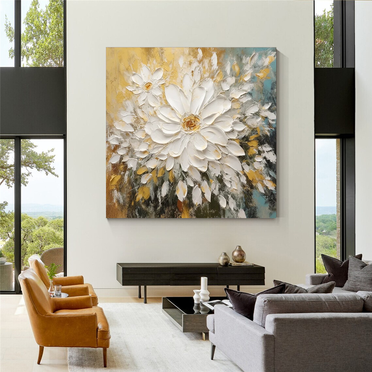 Golden Bloom White Floral Painting
