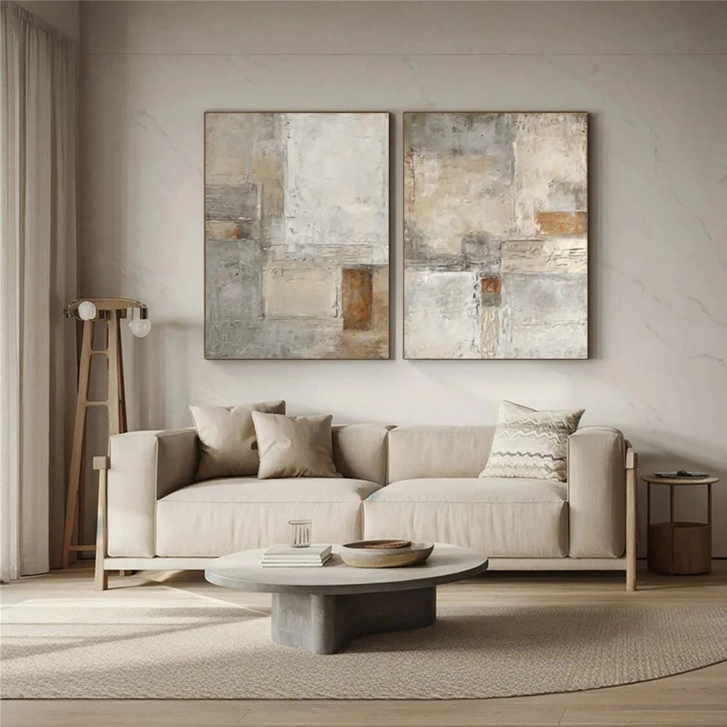 Set of 2 Silent Field Neutral Geometric Abstract Painting (Diptych)