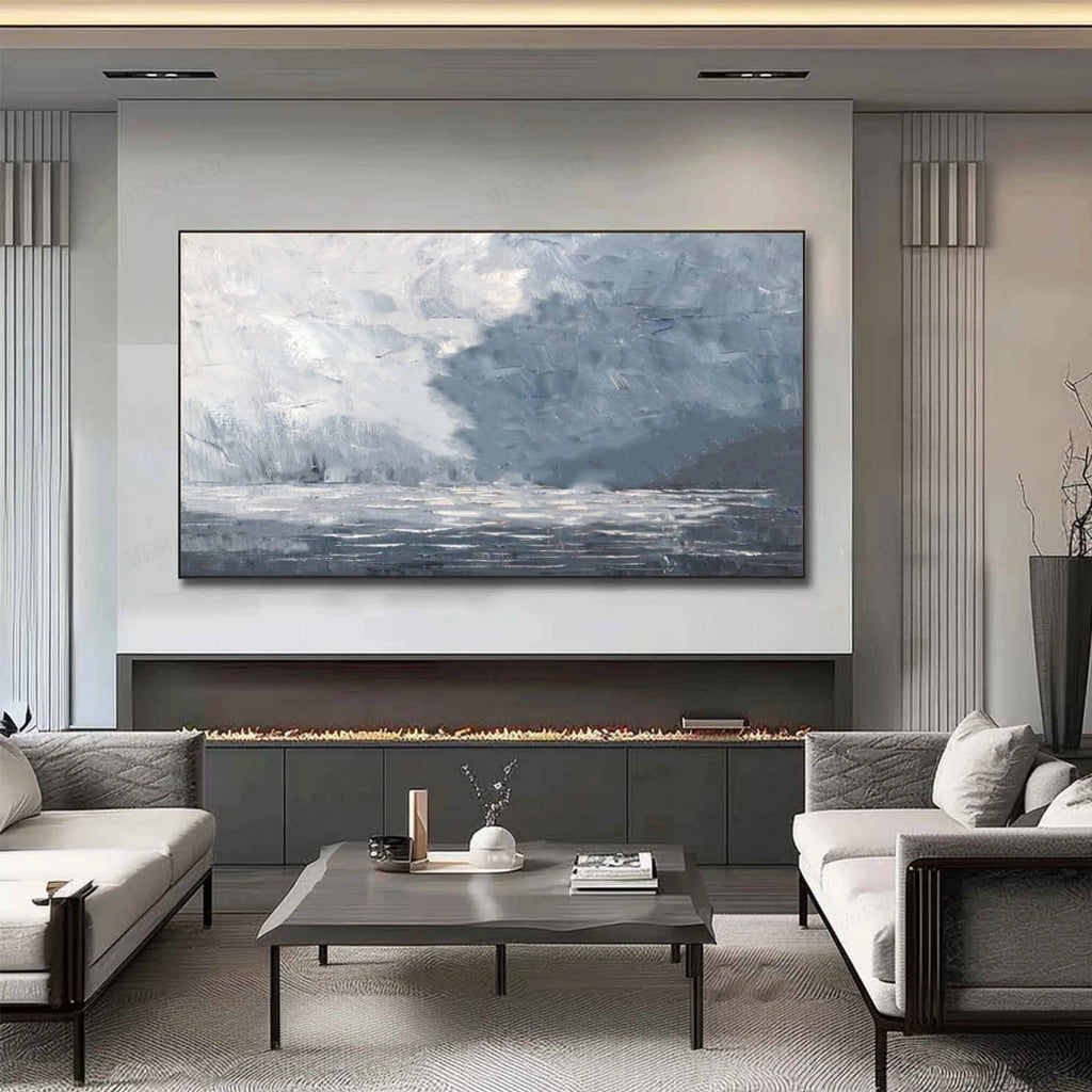 Misty Blue Coastline – Minimal Seascape Painting