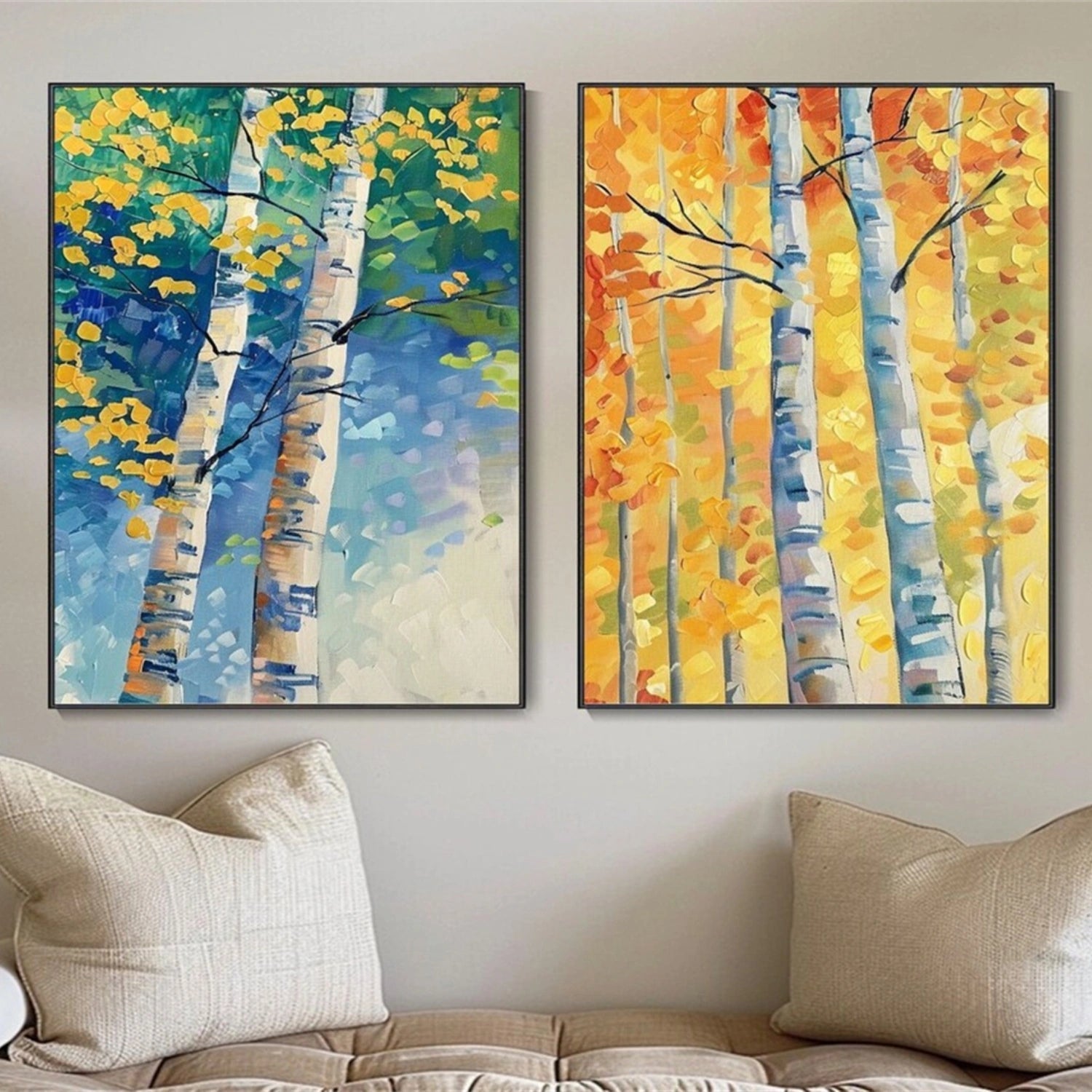 Set of 2 Autumn Light Birch Diptych Painting