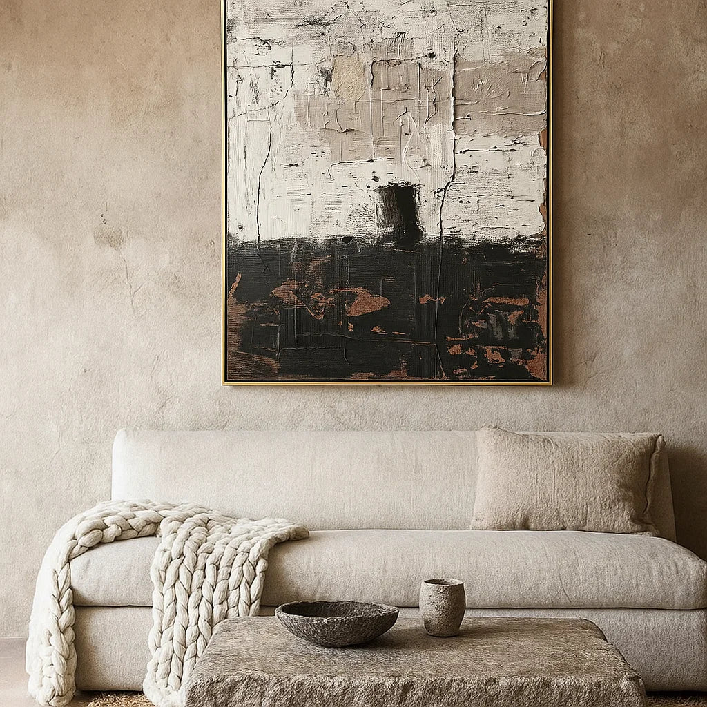 Vestige of Time: Raw Wabi Sabi Textured Abstract Painting in Black and White