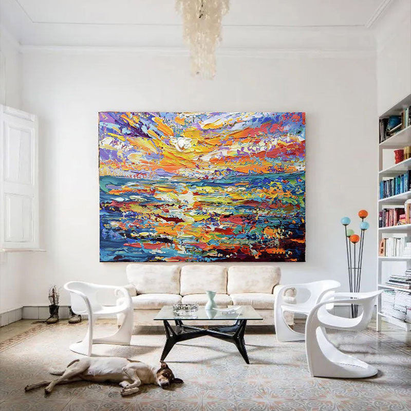 Sunset Ablaze: Vibrant Textured Abstract Ocean Painting for a Colorful Living Room Wall