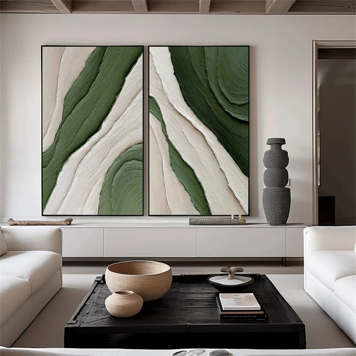 Verdant Flow Green Textured Abstract Painting Set Set of 2