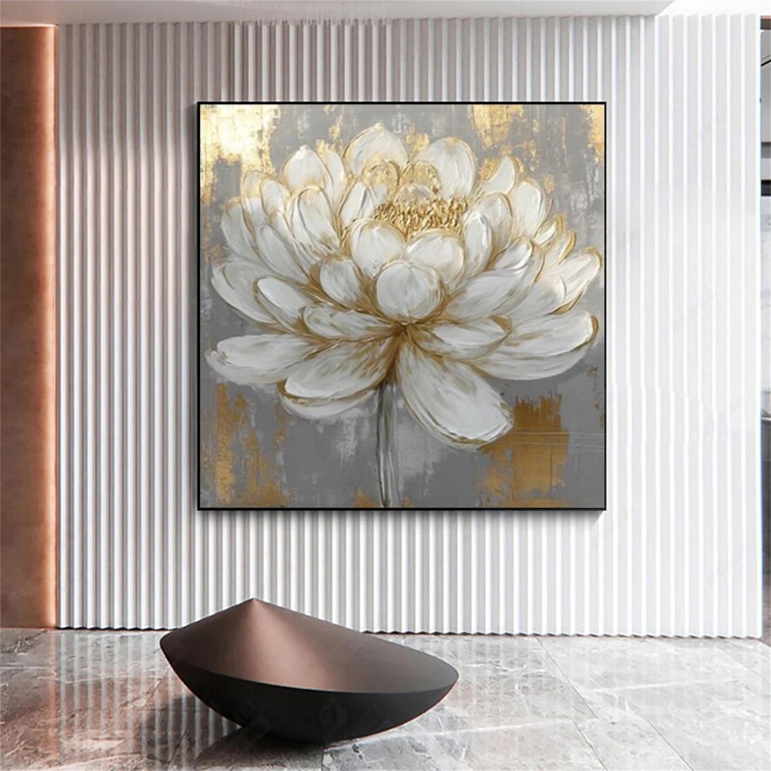 Golden Whisper White Lotus Abstract Painting