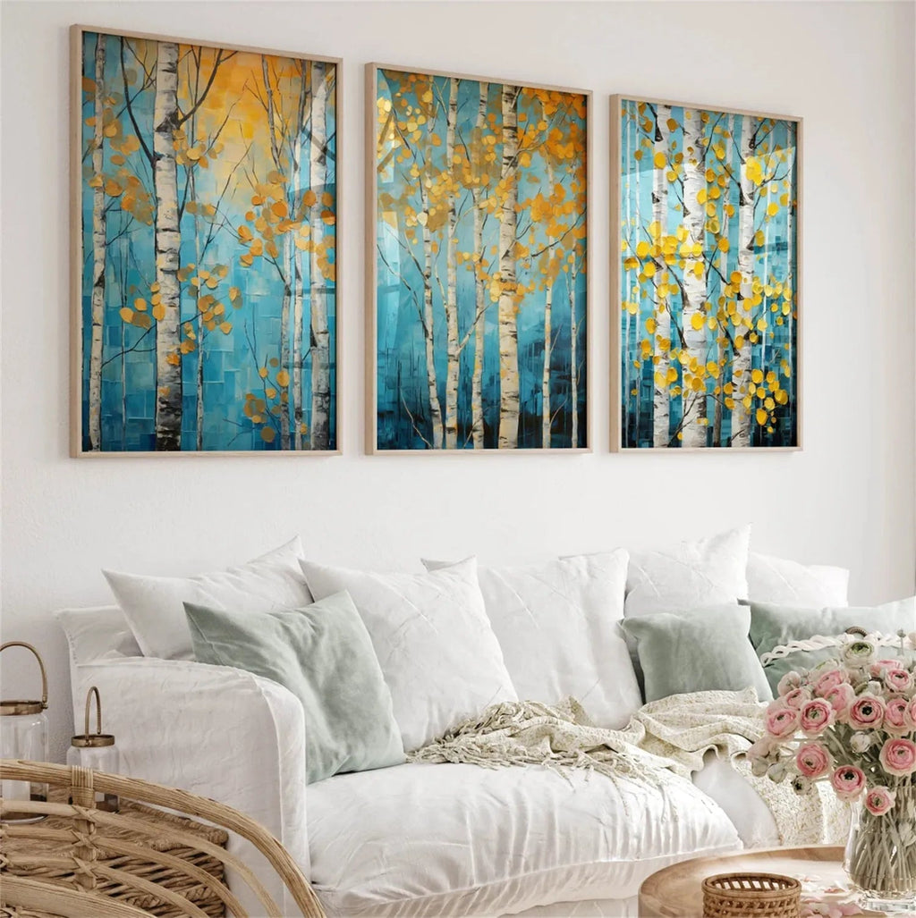Golden Leaves Birch Forest Triptych Painting Set of 3