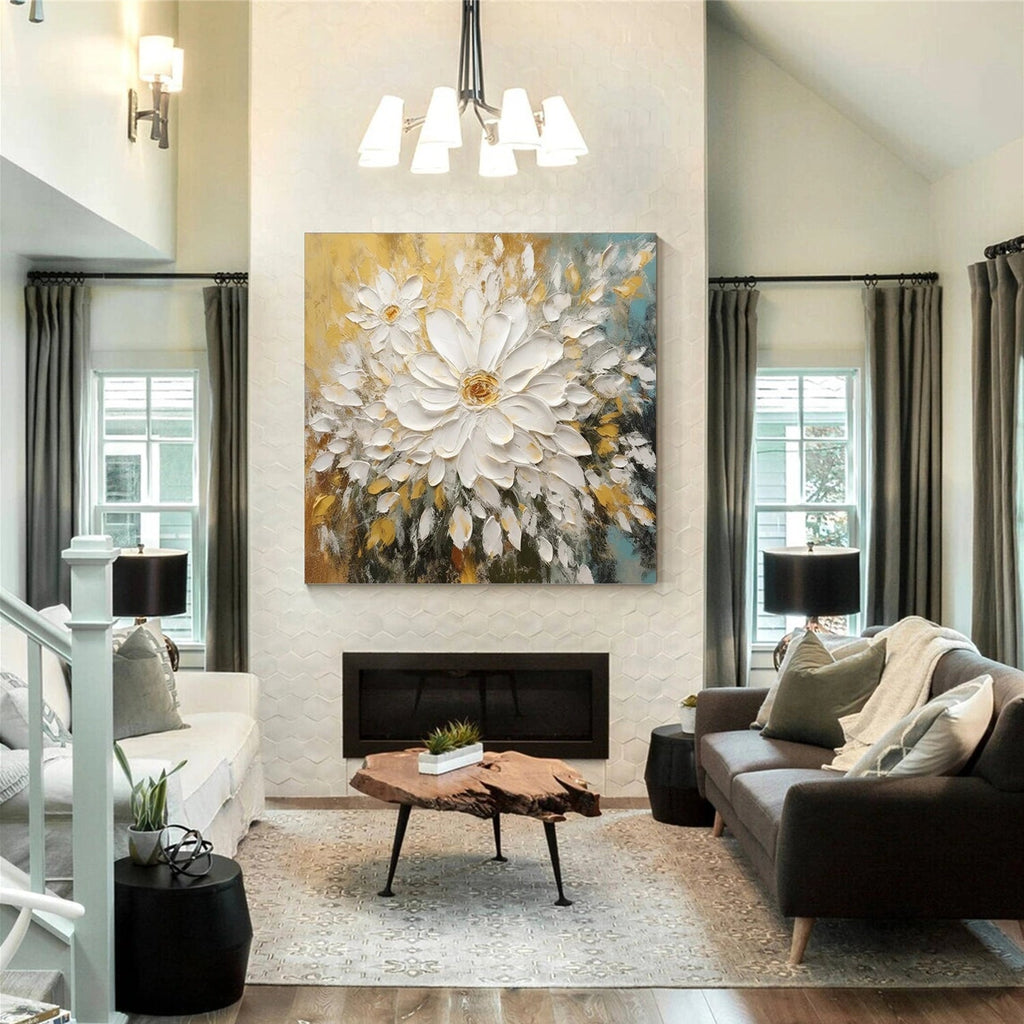 Golden Bloom White Floral Painting