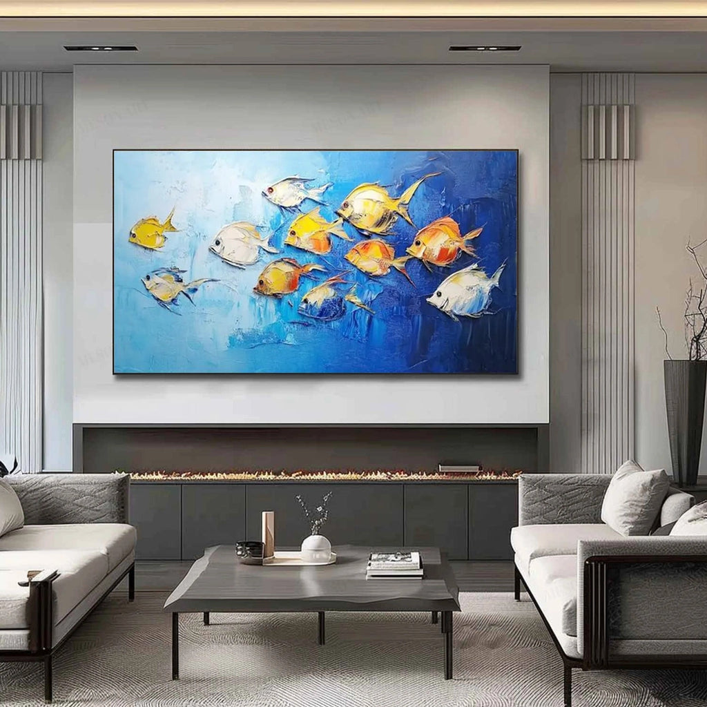 Golden Drift Blue Fish Painting