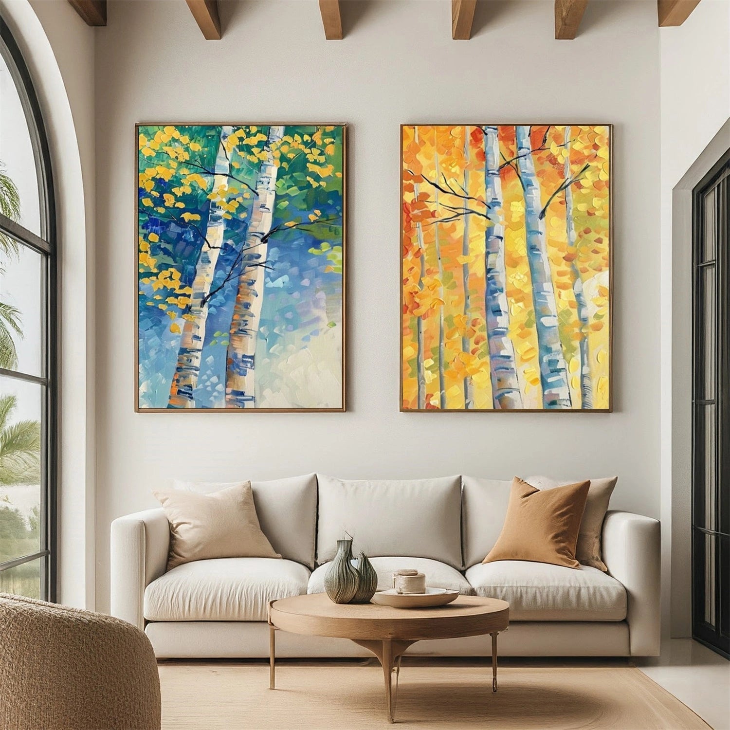 Set of 2 Autumn Light Birch Diptych Painting