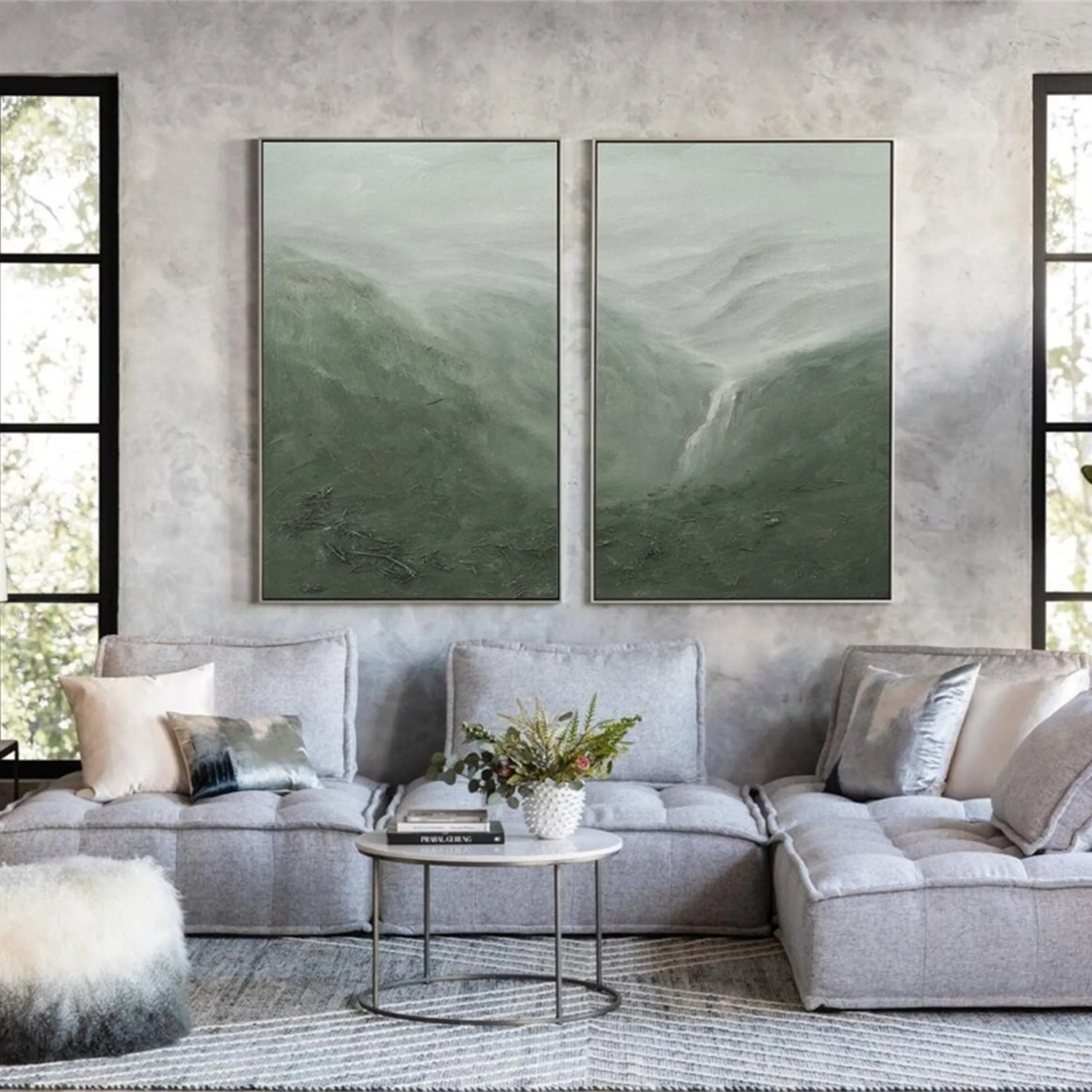 Set of 2 Mist Valley Green Abstract Painting