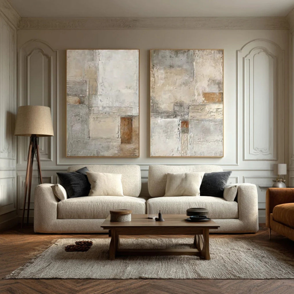 Set of 2 Silent Field Neutral Geometric Abstract Painting (Diptych)
