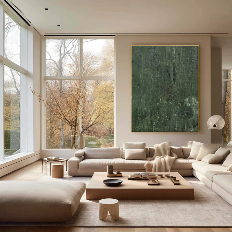 Verdant Depths: A Large Green Abstract Painting for Living Room Decor