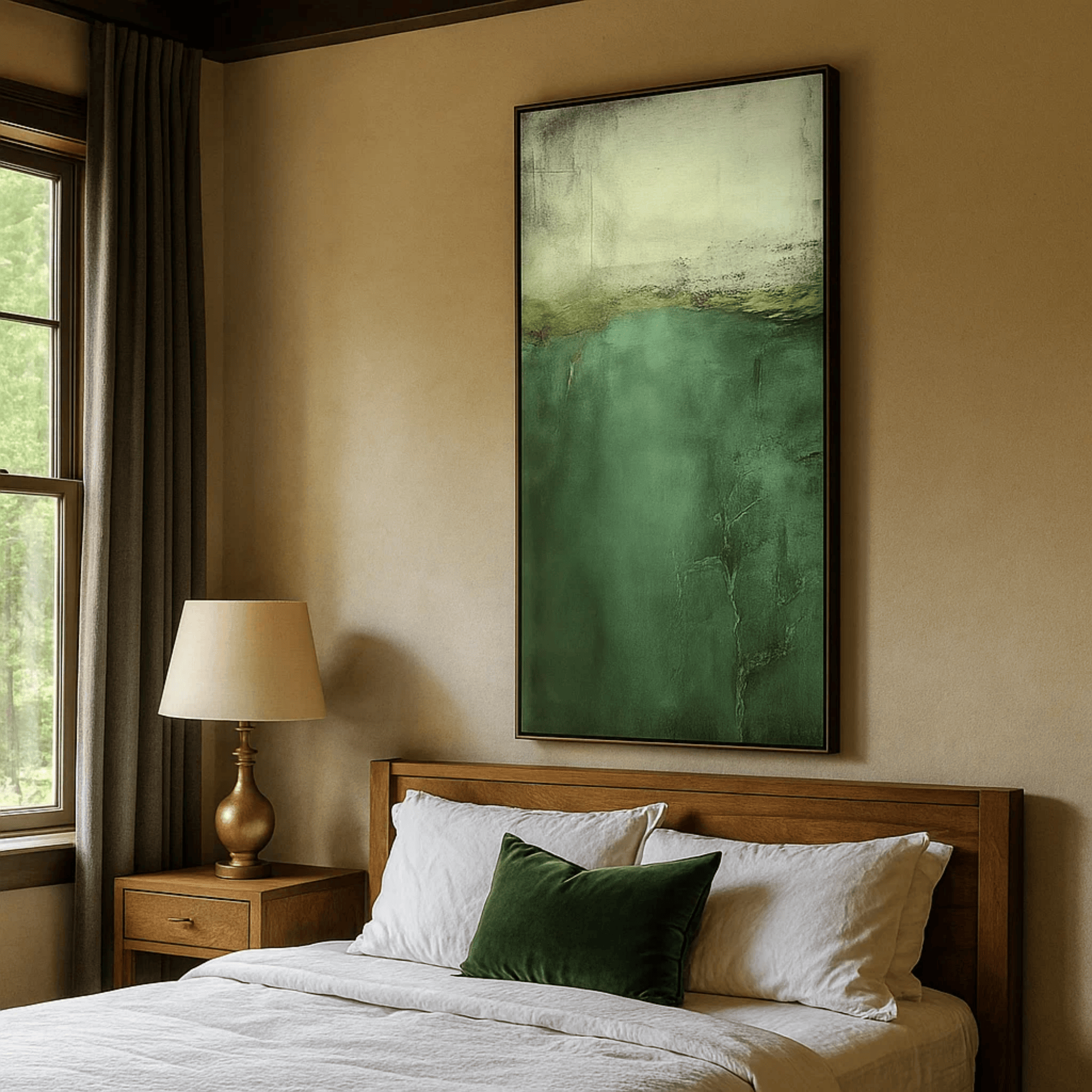 Emerald Green Abstract Wall Art, Vertical Textured Canvas for Living Room Decor