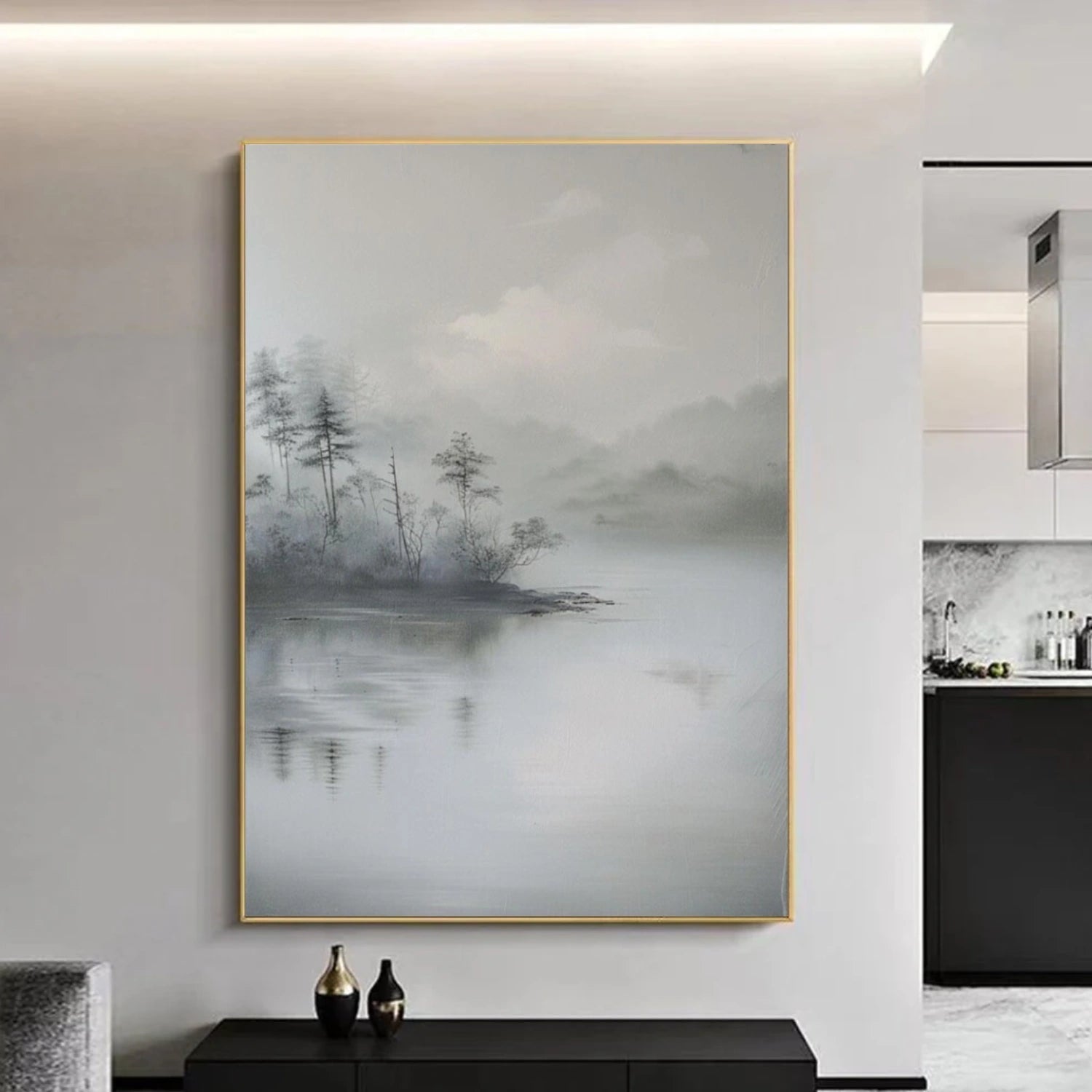 Silent Mist Lake Abstract Landscape Painting