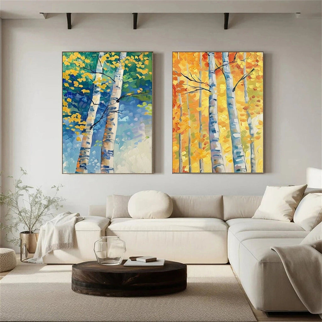 Set of 2 Autumn Light Birch Diptych Painting