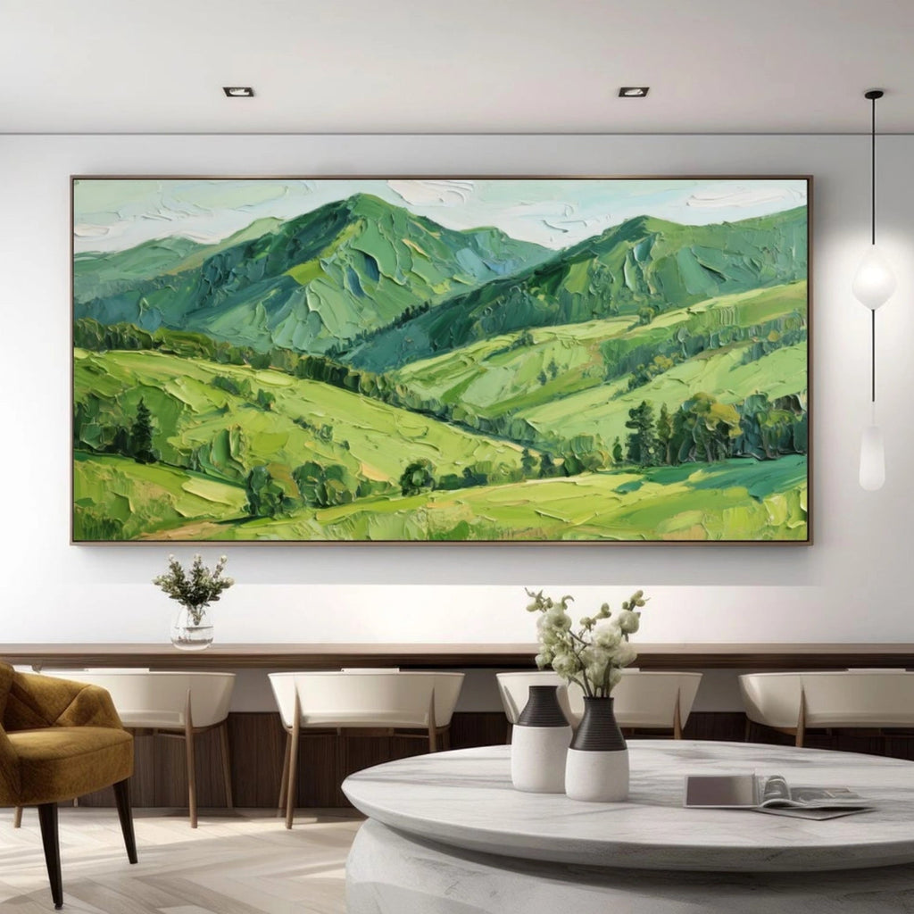 Emerald Peaks – Textured Green Mountain Landscape Painting
