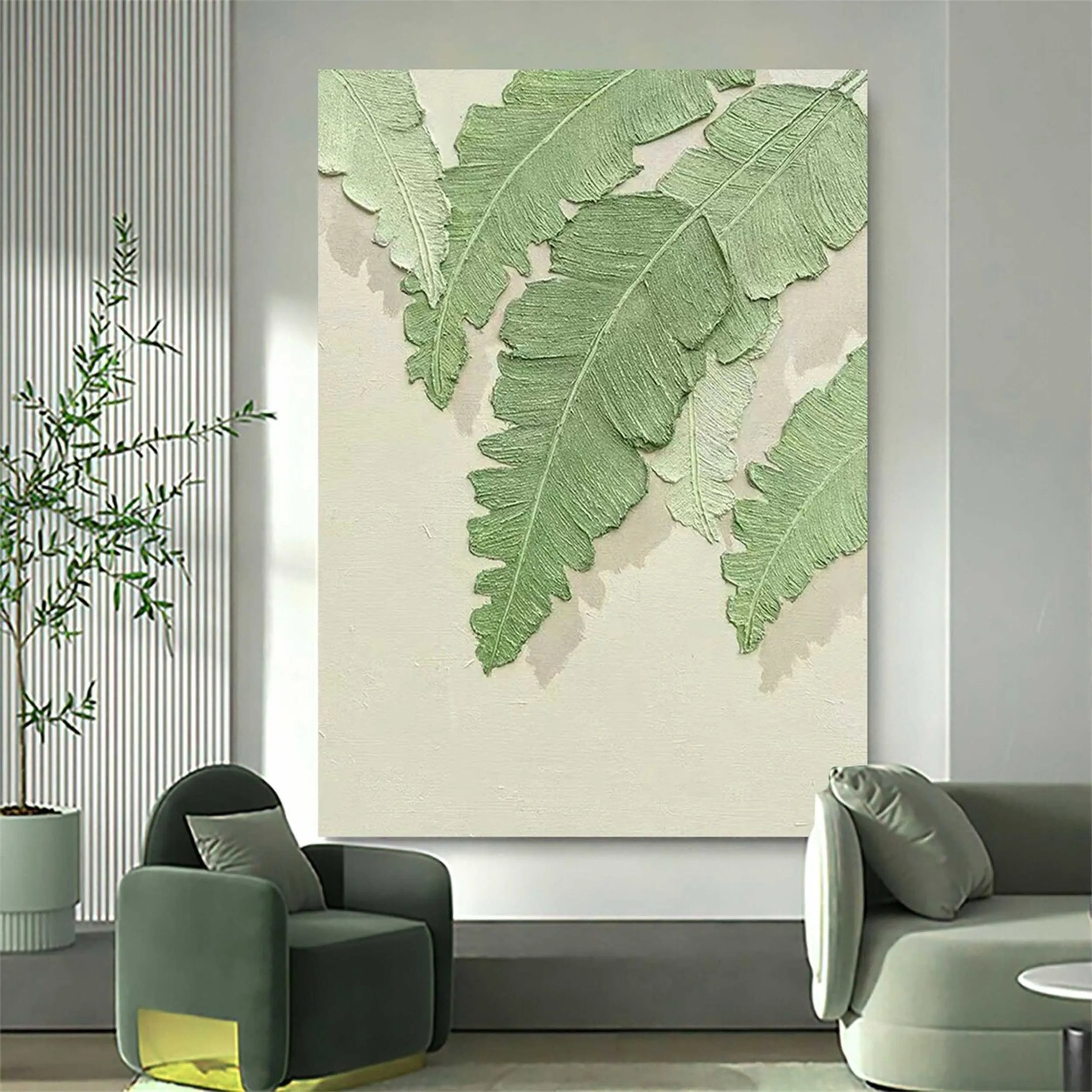 Sage Fern Leaf Textured Abstract Painting