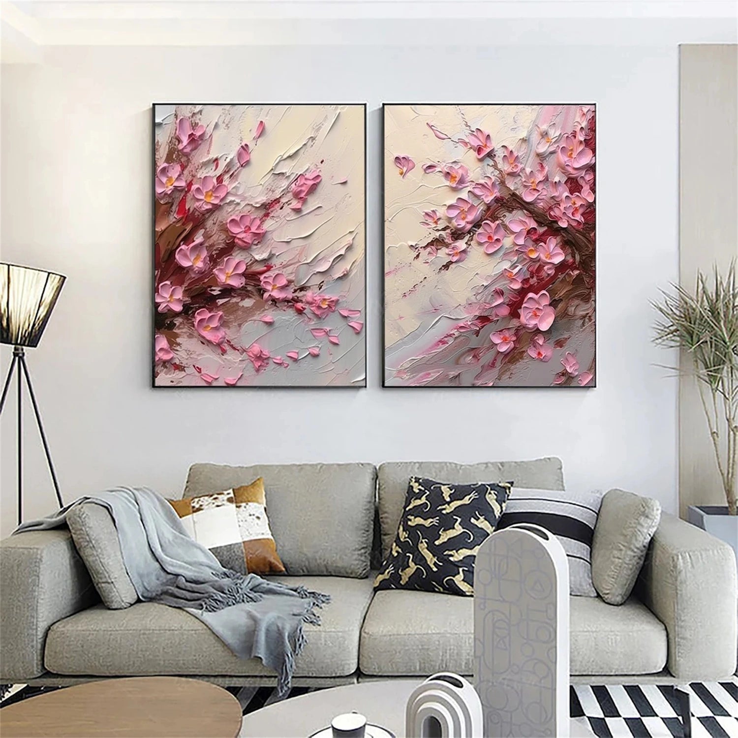 Set of 2 Soft Blush Petal Motion Floral Diptych Painting