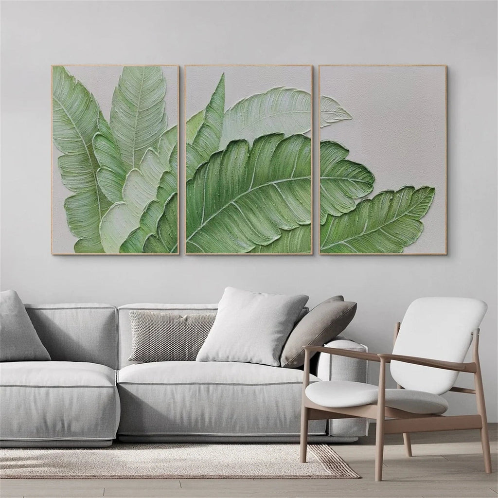 Morning Dew Green Leaves Abstract Triptych Painting Set of 3