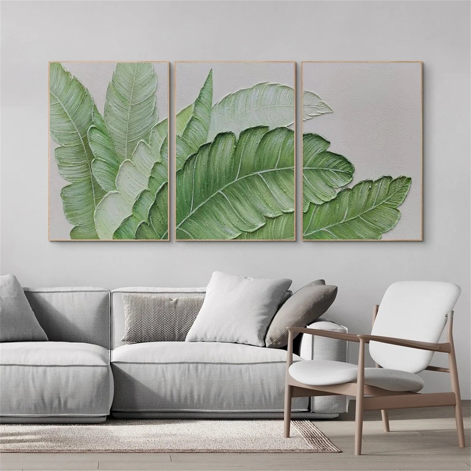Morning Dew Green Leaves Abstract Triptych Painting Set of 3