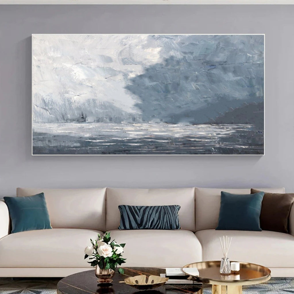 Misty Blue Coastline – Minimal Seascape Painting