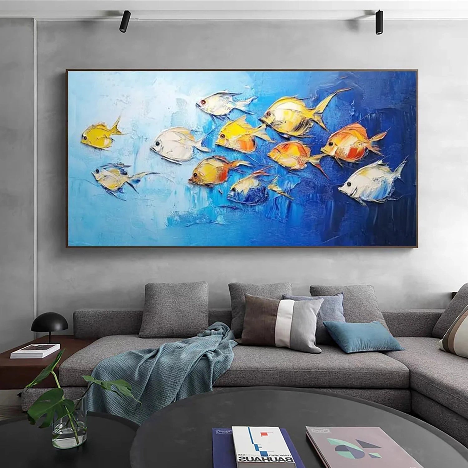 Golden Drift Blue Fish Painting