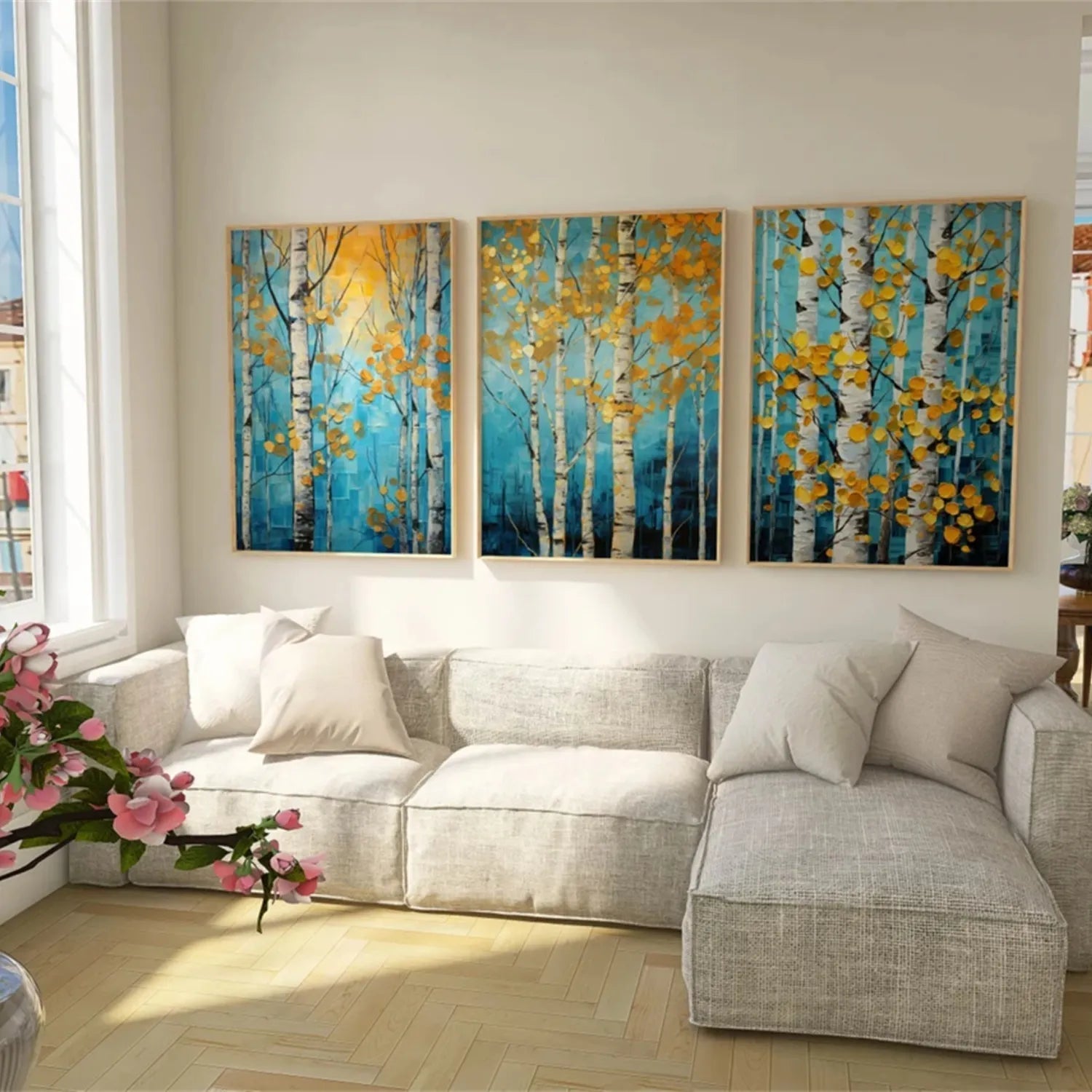 Golden Leaves Birch Forest Triptych Painting Set of 3