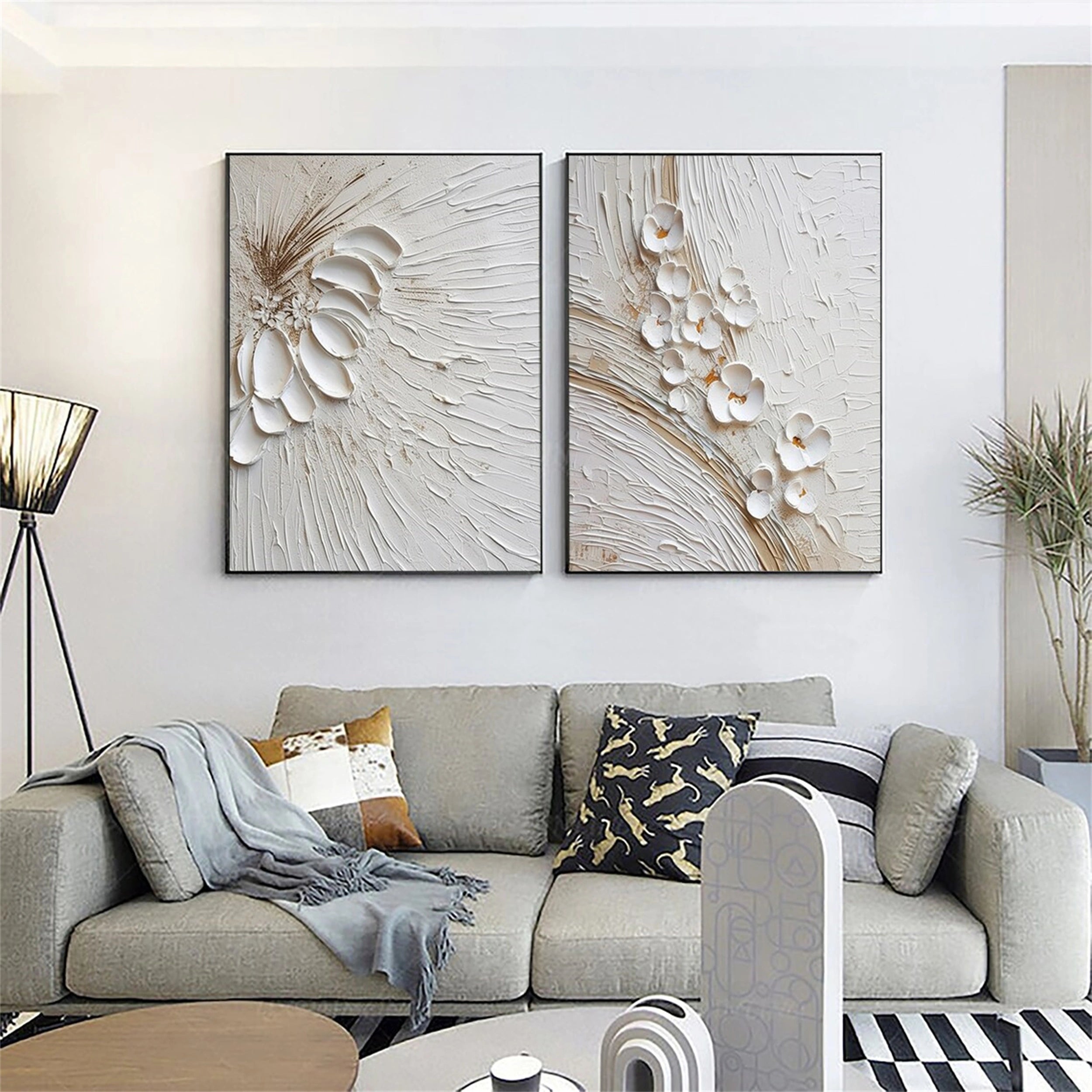 Set of 2 Ivory Whisper Textured Floral Abstract Painting