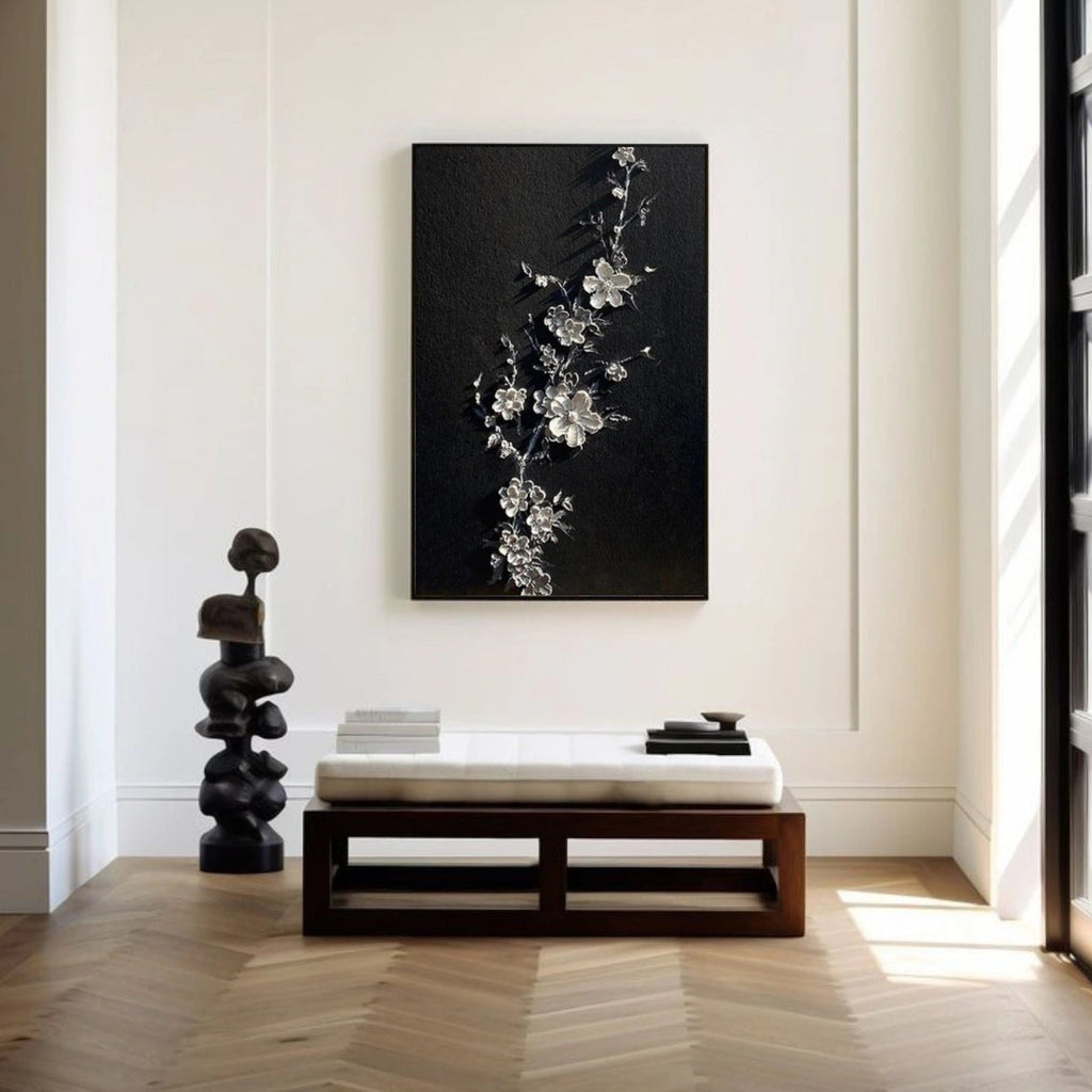 Midnight Silver Blossom Abstract Painting