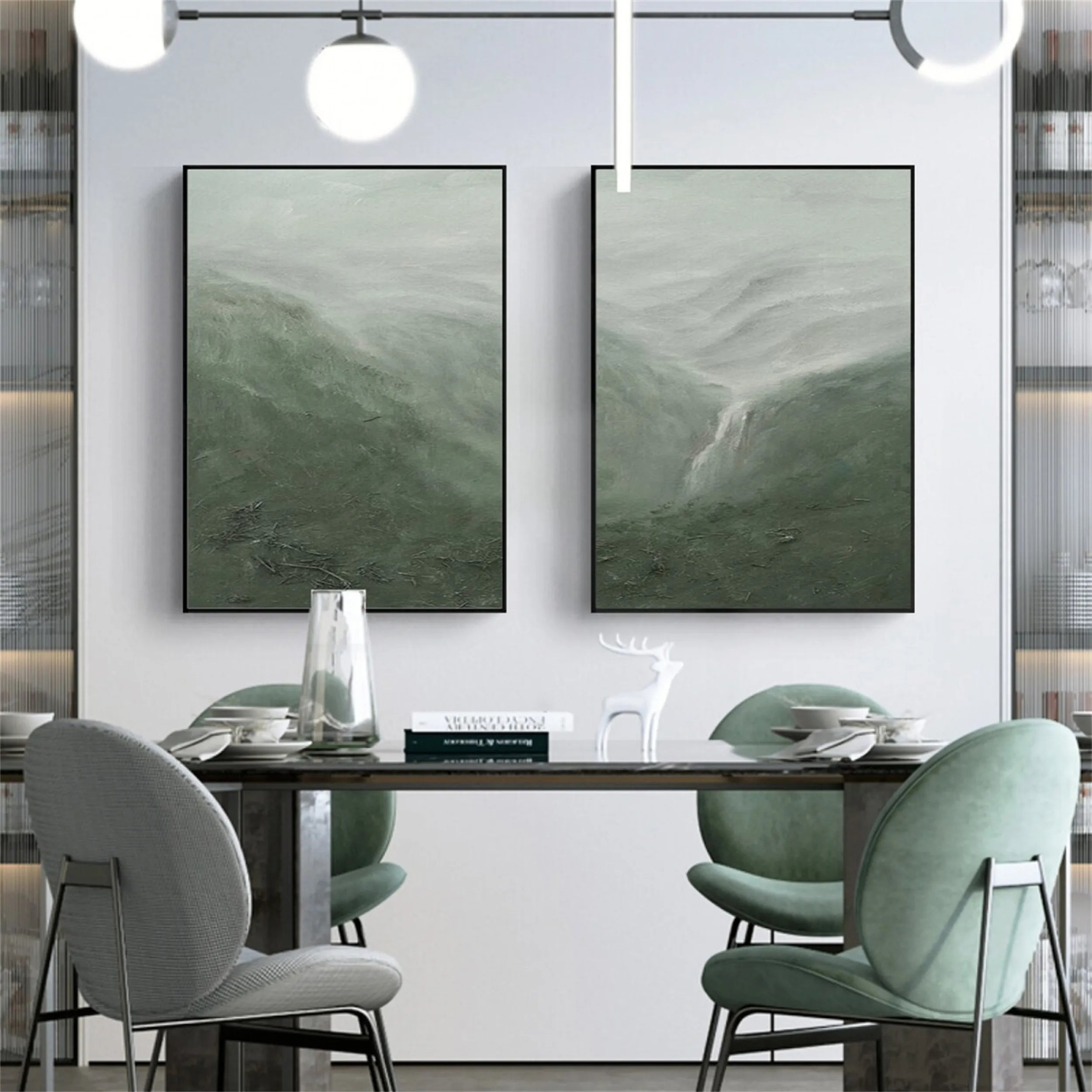 Set of 2 Mist Valley Green Abstract Painting